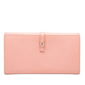 CHANEL Coco Button Bifold Wallet Pink Leather Women's
